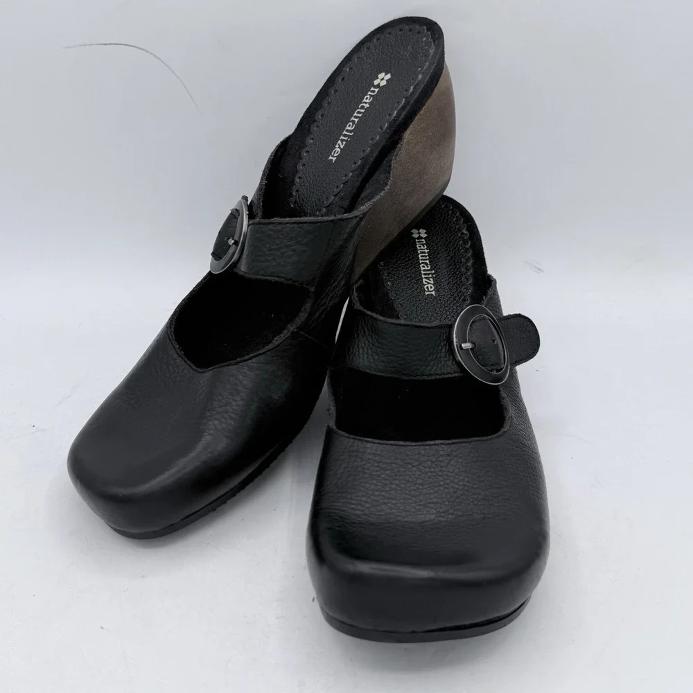 Naturalizer Gagan Black Leather Mary Jane Mules Wedge Shoes Buckle Women's Sz 10